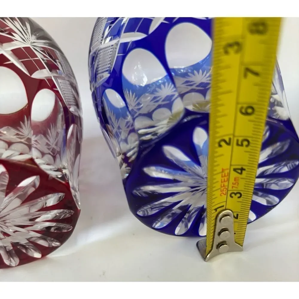 Pair of Edo Kiriko Glass Tumbler Cut to Clear in Ruby and Cobalt / Japan